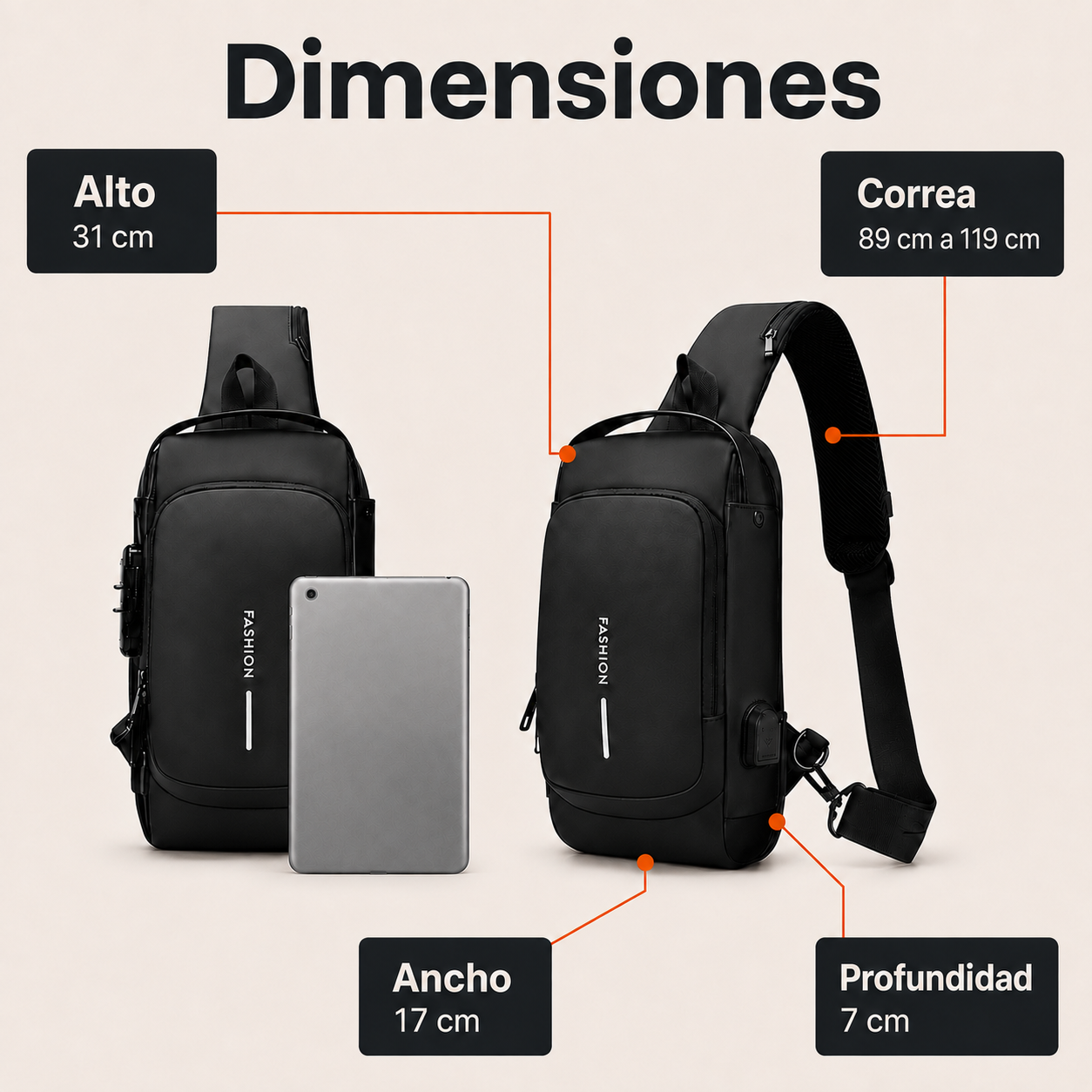 Bandolera Antirrobo Urbana · impermeable, con bloqueo y puerto USB